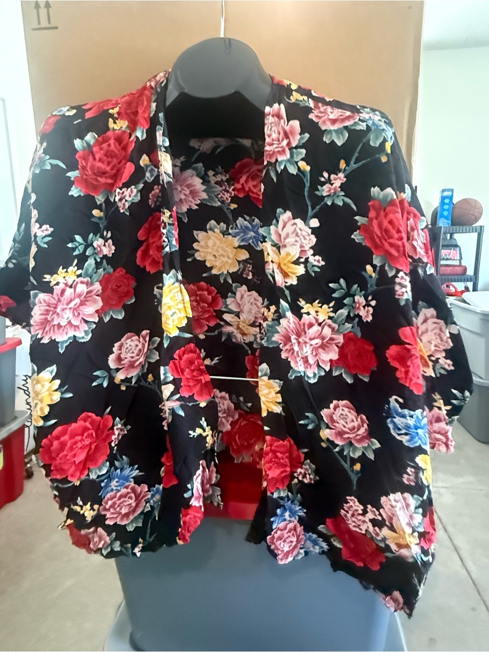 Floral Open-Front Kimono Jacket - Black with Red & Multi Floral Print mp58